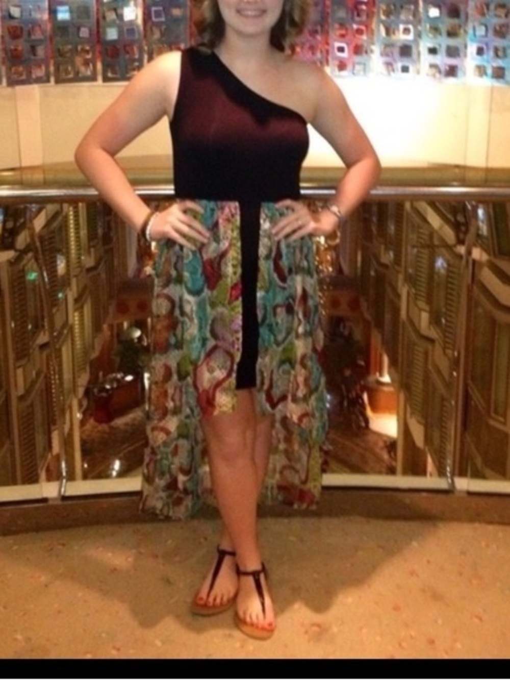 One-Shoulder Black Top with Multicolor High-Low Skirt